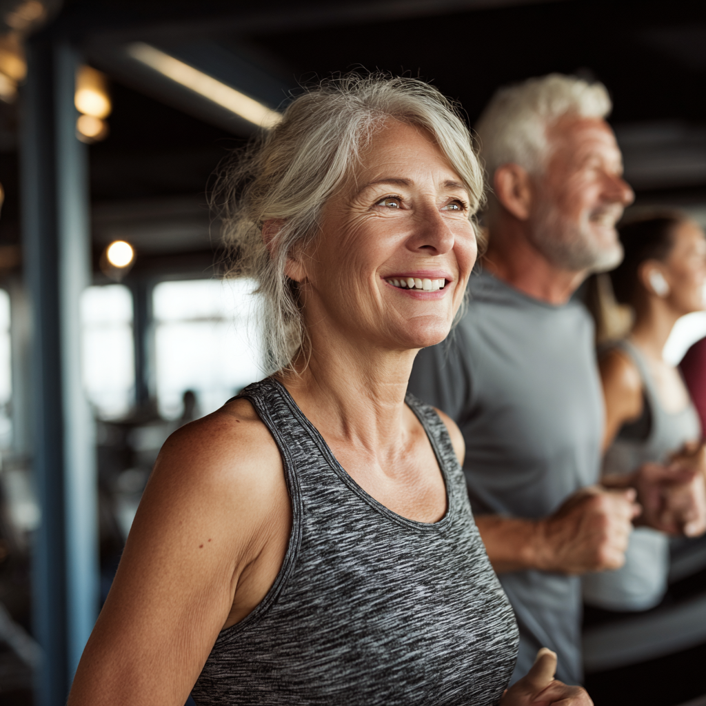 Middle-aged adults exercising in a bright, welcoming fitness environment with natural lighting
