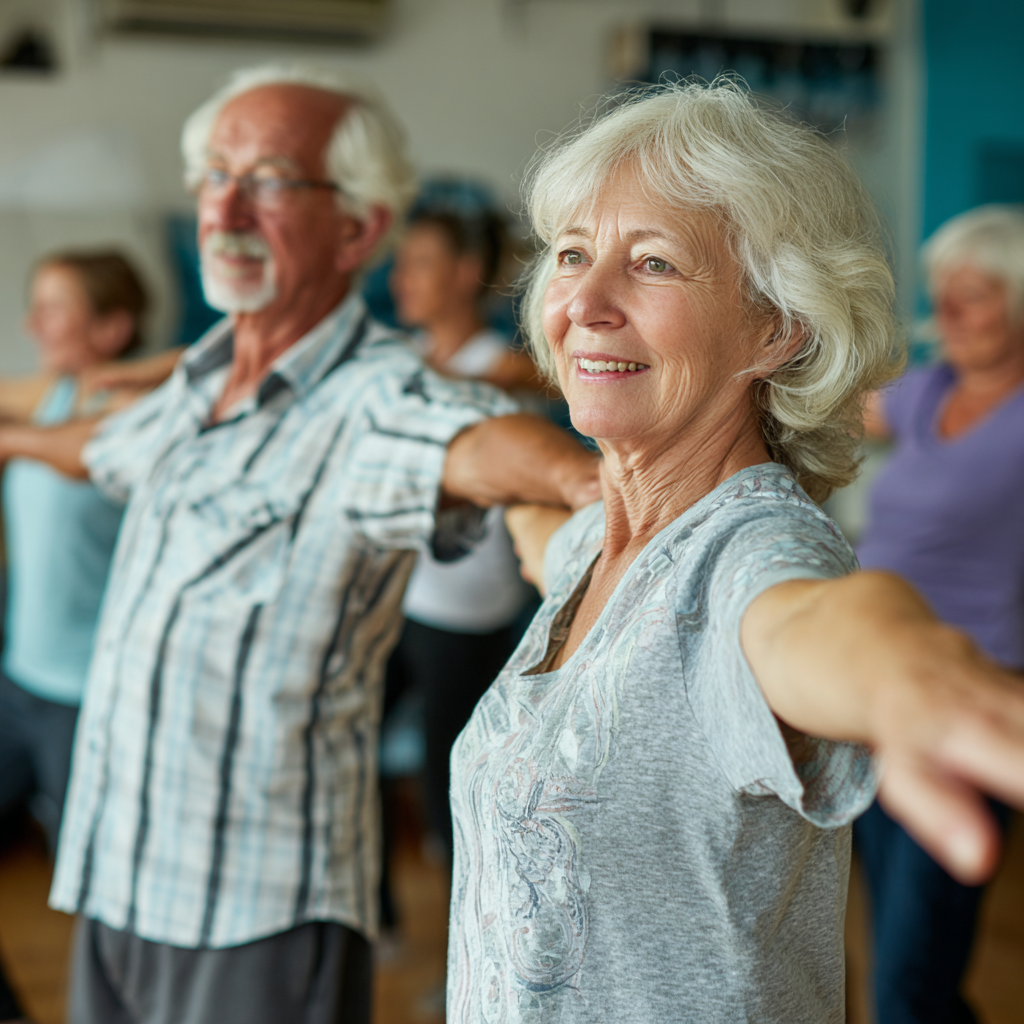 Senior adults participating in gentle fitness activities in a supportive group environment
